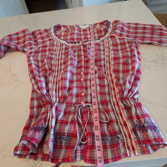 Pepe Jeans London Top Medium Marguerite Red Check Embroidered Western Prairie - Picture 6 of 9